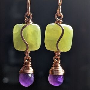 Jade Amethyst Earrings Artisan Crafted Copper Dangle Drop